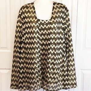Catherines Black & Gold Metallic Sequin Print Layered Long Sleeve Top 4X